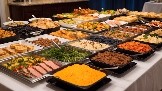 “successful buffet service for large groups by professional catering team”